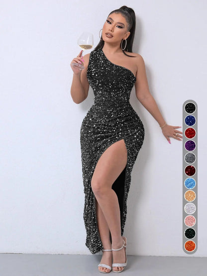 Women's Glitter Sequin One Shoulder Ruched Split Thigh Bodycon Dress, Elegant Sleeveless Bodycon, Embellished Dress, Summer Dresses 2024, Elegant Chic Party Outfit, Sparkly Long Evening Gown, Lady Formal Wear, Y2K Clothing, Halloween, Gift