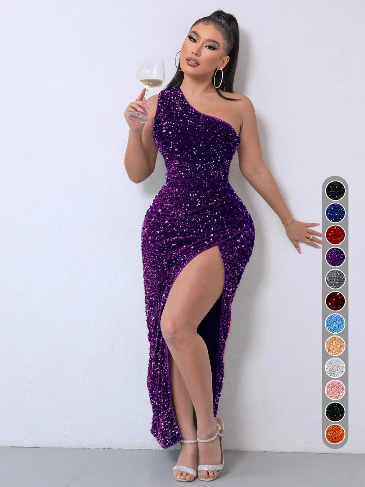 Women's Glitter Sequin One Shoulder Ruched Split Thigh Bodycon Dress, Elegant Sleeveless Bodycon, Embellished Dress, Summer Dresses 2024, Elegant Chic Party Outfit, Sparkly Long Evening Gown, Lady Formal Wear, Y2K Clothing, Halloween, Gift - Seldom Seen Styles