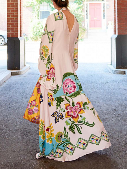 Noelle Leinenmischung lockeres florales Print Maxikleid mit langen Ärmeln