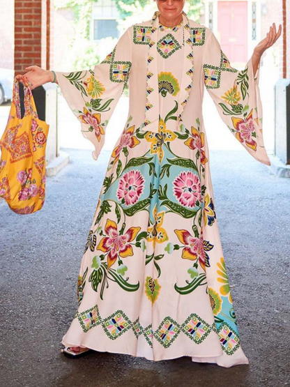 Noelle Leinenmischung lockeres florales Print Maxikleid mit langen Ärmeln