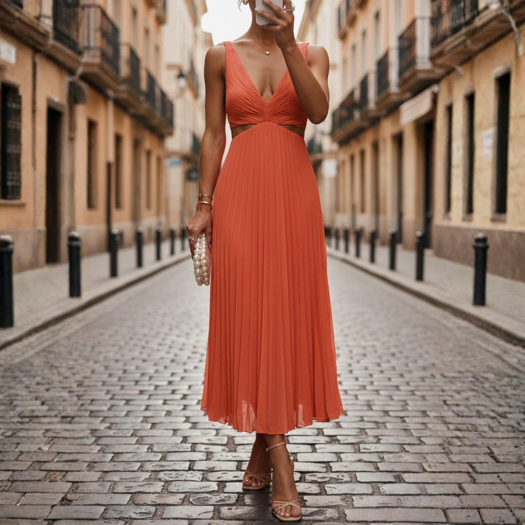 Sleeveless Pleated Midi Dress with V-Neck for Women - Seldom Seen Styles