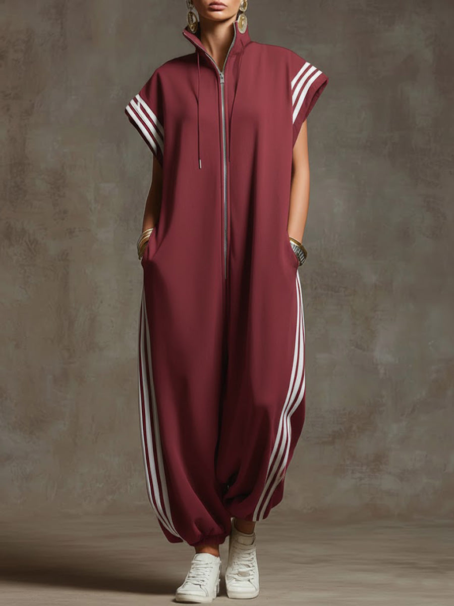 Women's Relaxed Stand-collar Short-sleeved Casual Loose Cotton Wide-leg Jumpsuit - Seldom Seen Styles