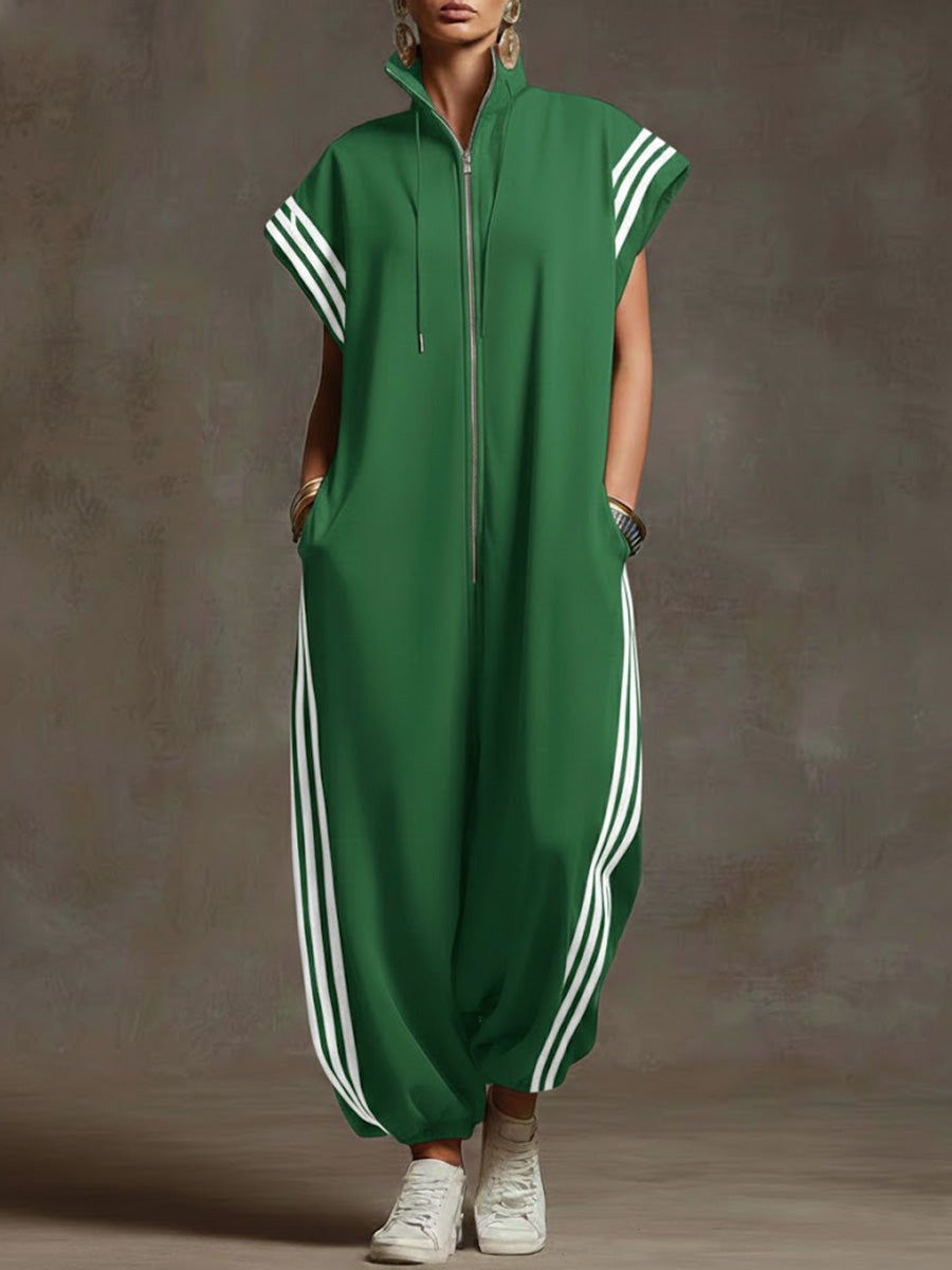 Women's Relaxed Stand-collar Short-sleeved Casual Loose Cotton Wide-leg Jumpsuit - Seldom Seen Styles