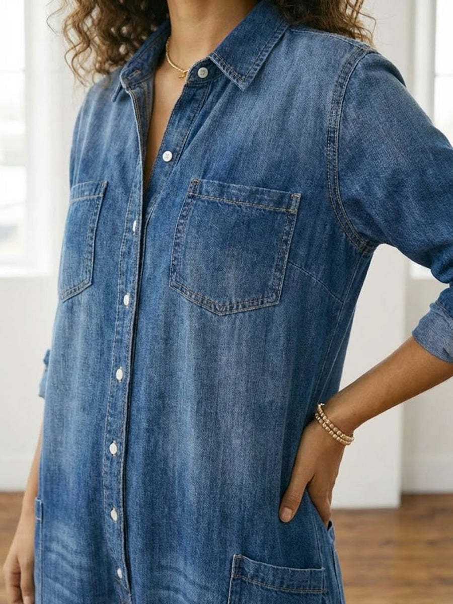 Womens Washed Dark Denim Pocket Button Down Jumpsuit - Seldom Seen Styles