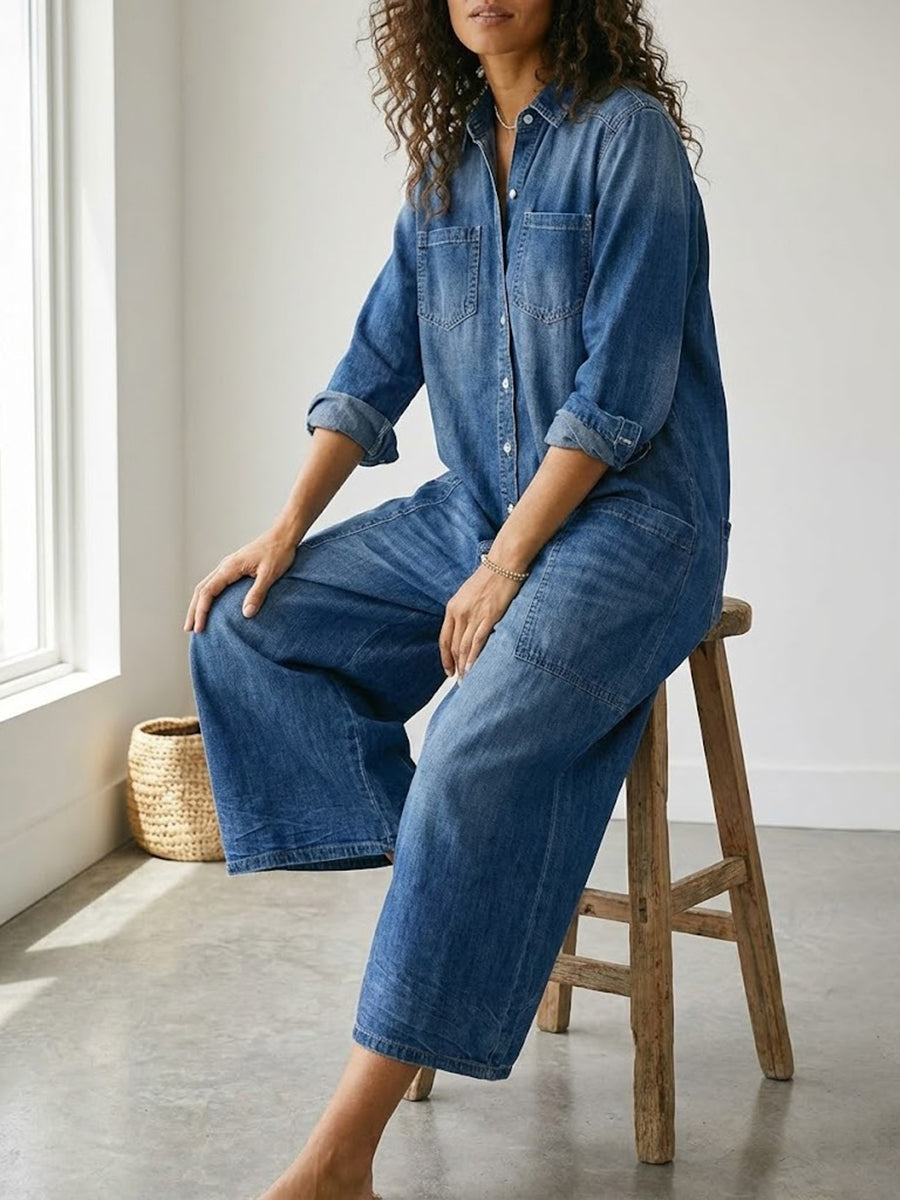 Womens Washed Dark Denim Pocket Button Down Jumpsuit - Seldom Seen Styles