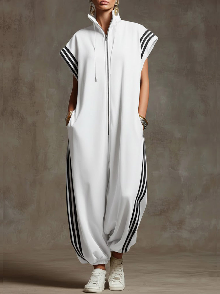 Women's Relaxed Stand-collar Short-sleeved Casual Loose Cotton Wide-leg Jumpsuit - Seldom Seen Styles