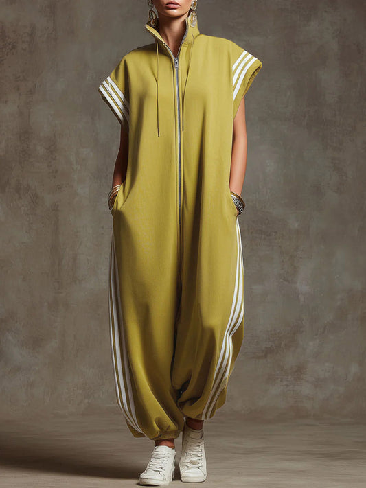 Women's Relaxed Stand-collar Short-sleeved Casual Loose Cotton Wide-leg Jumpsuit - Seldom Seen Styles