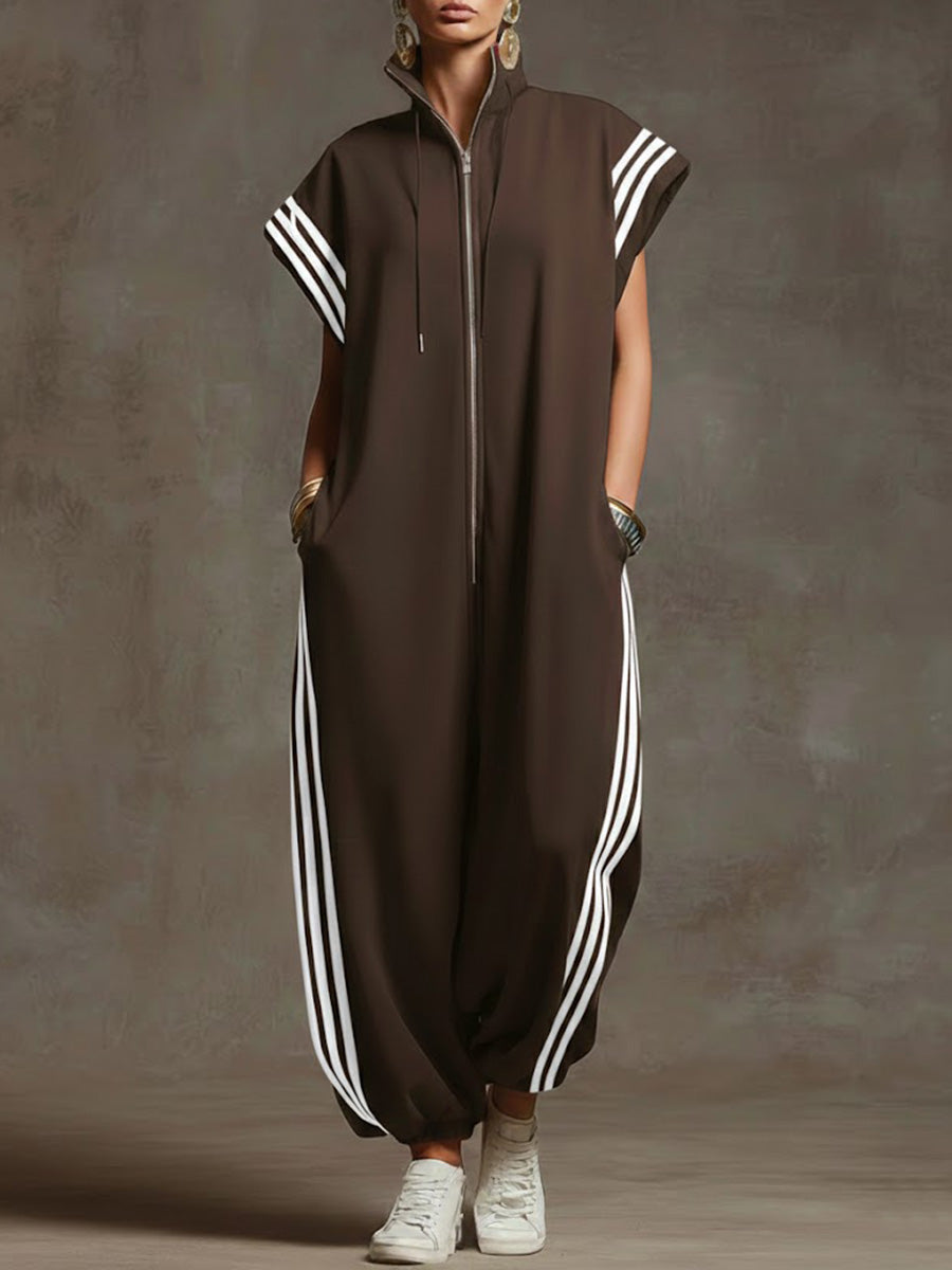 Women's Relaxed Stand-collar Short-sleeved Casual Loose Cotton Wide-leg Jumpsuit - Seldom Seen Styles