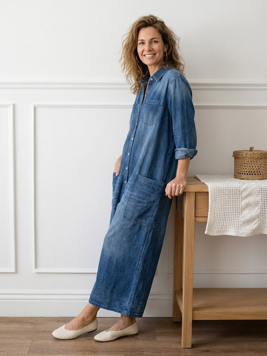 Womens Washed Dark Denim Pocket Button Down Jumpsuit - Seldom Seen Styles