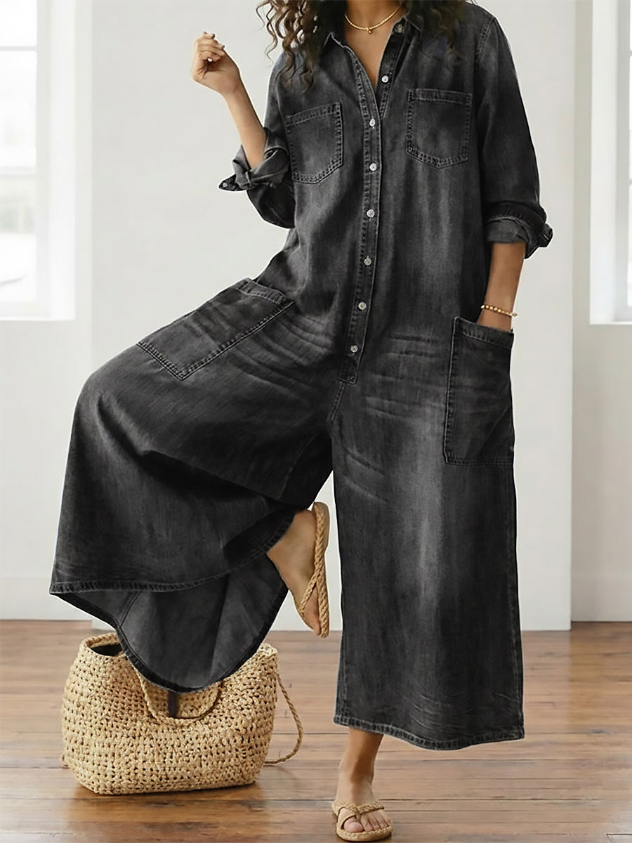 Womens Washed Dark Denim Pocket Button Down Jumpsuit - Seldom Seen Styles