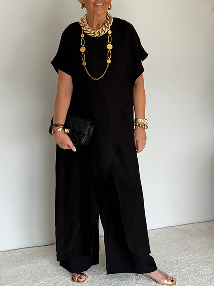 Women's Two Piece Set Loose Fit Asymmetrical Top and Wide Leg Pants Casual Outfit - Seldom Seen Styles
