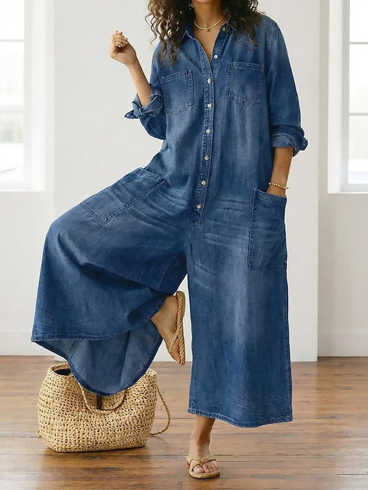 Womens Washed Dark Denim Pocket Button Down Jumpsuit - Seldom Seen Styles