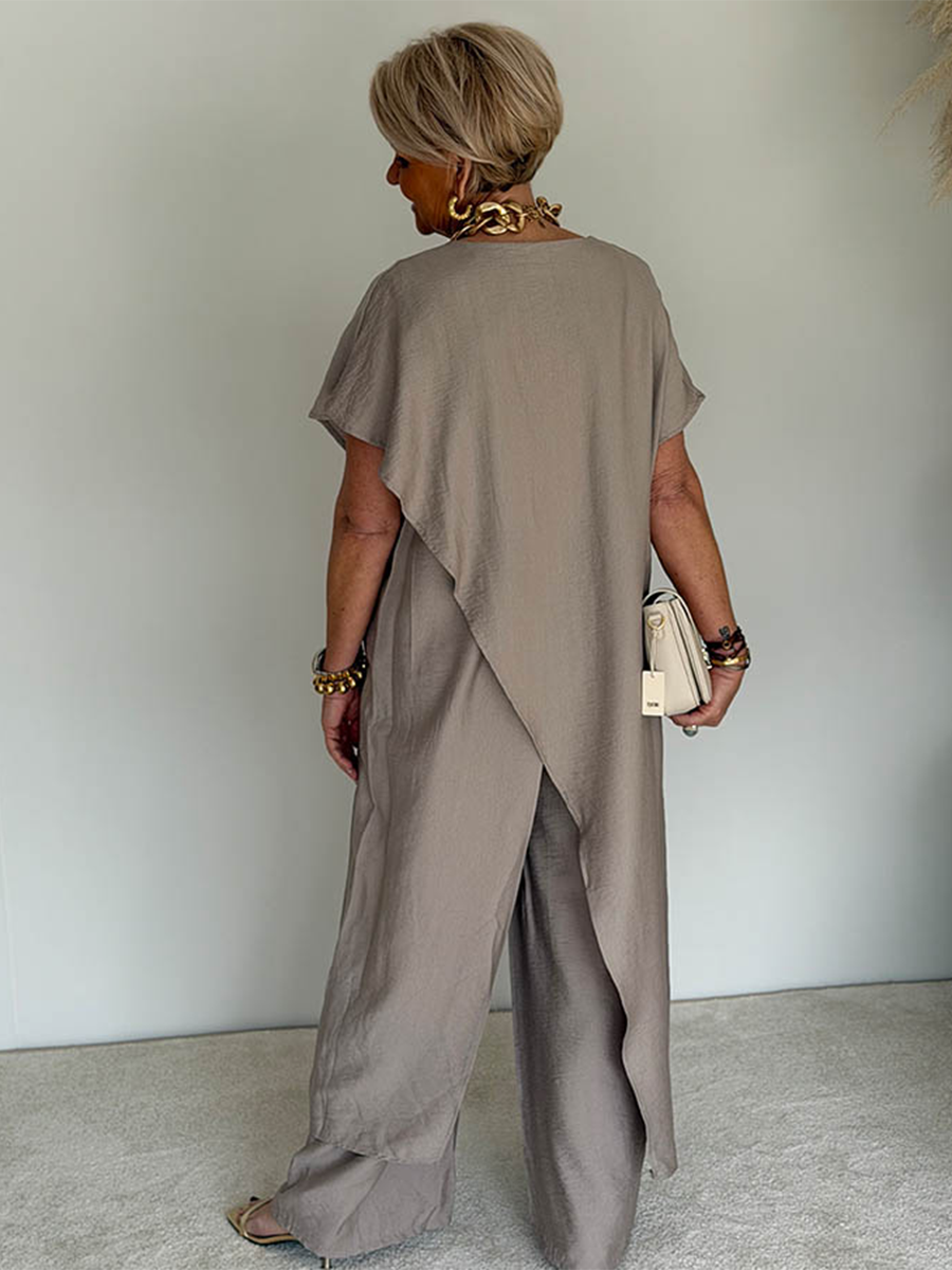 Women's Two Piece Set Loose Fit Asymmetrical Top and Wide Leg Pants Casual Outfit - Seldom Seen Styles