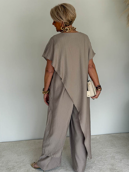 Women's Two Piece Set Loose Fit Asymmetrical Top and Wide Leg Pants Casual Outfit