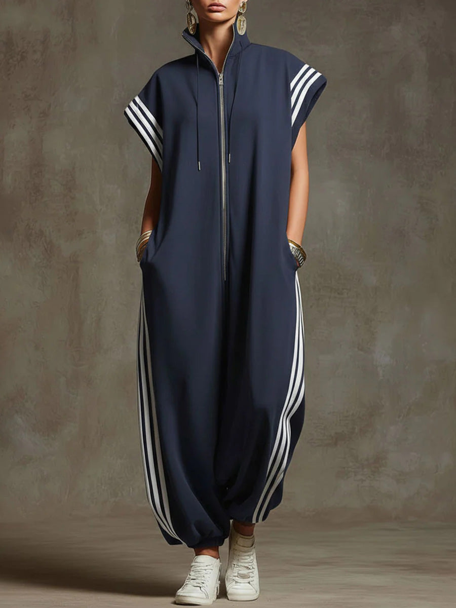 Women's Relaxed Stand-collar Short-sleeved Casual Loose Cotton Wide-leg Jumpsuit - Seldom Seen Styles