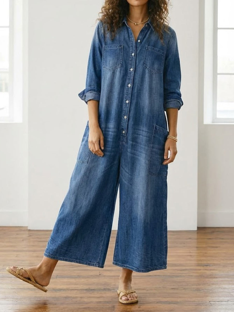Womens Washed Dark Denim Pocket Button Down Jumpsuit - Seldom Seen Styles