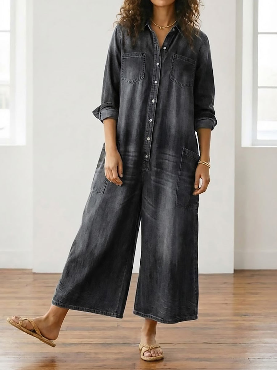 Womens Washed Dark Denim Pocket Button Down Jumpsuit - Seldom Seen Styles