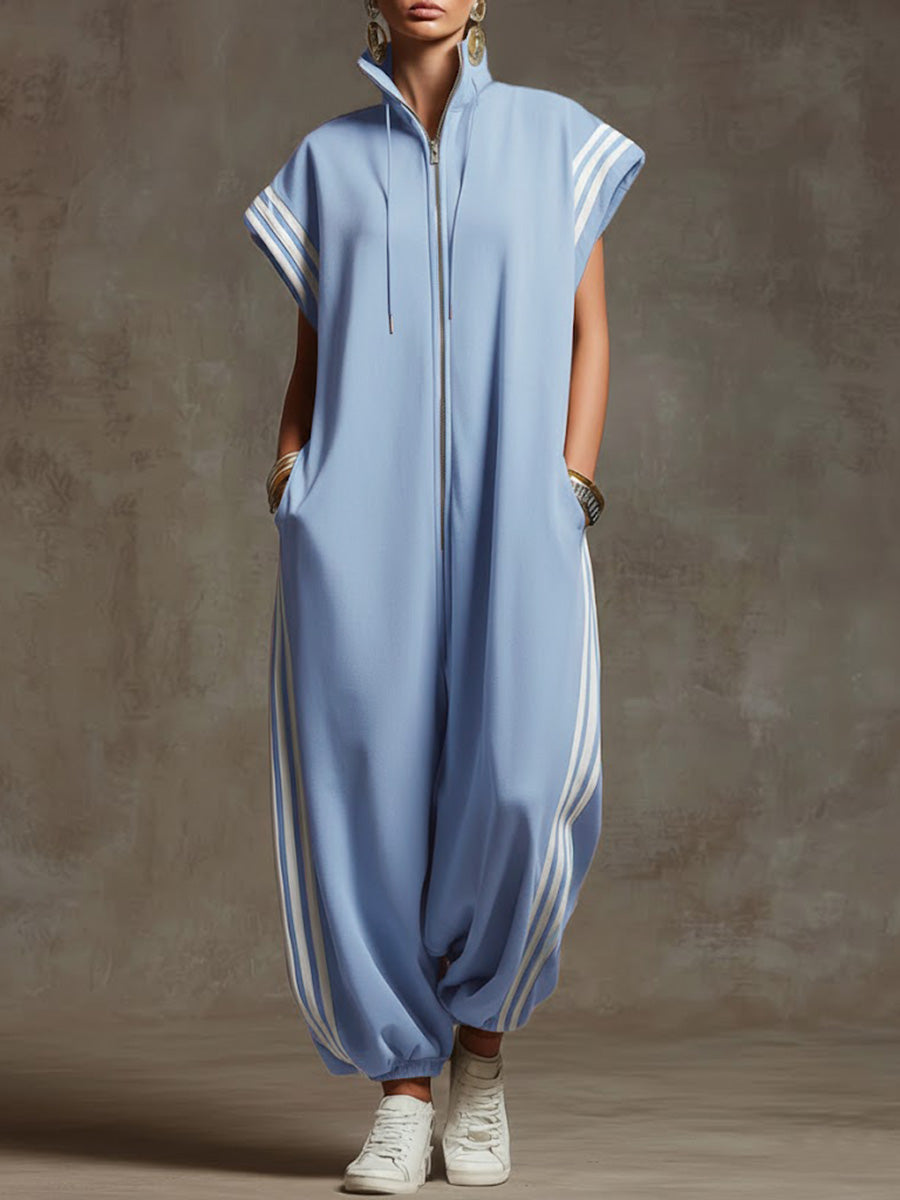 Women's Relaxed Stand-collar Short-sleeved Casual Loose Cotton Wide-leg Jumpsuit - Seldom Seen Styles