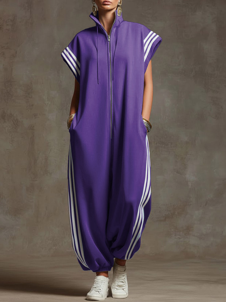 Women's Relaxed Stand-collar Short-sleeved Casual Loose Cotton Wide-leg Jumpsuit - Seldom Seen Styles