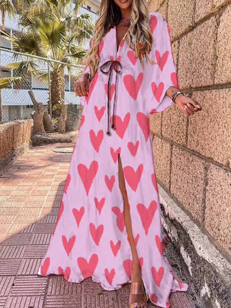 Paige Linen Blend Loose Floral V-Neck Long Sleeve Maxi Dress - Seldom Seen Styles