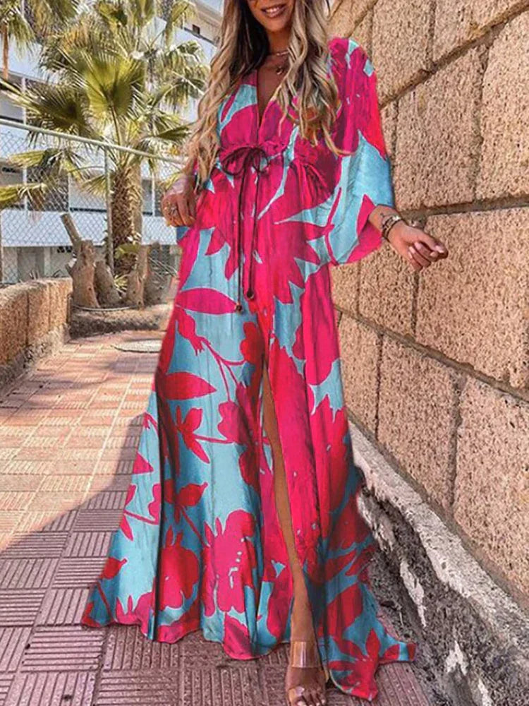 Paige Linen Blend Loose Floral V-Neck Long Sleeve Maxi Dress - Seldom Seen Styles