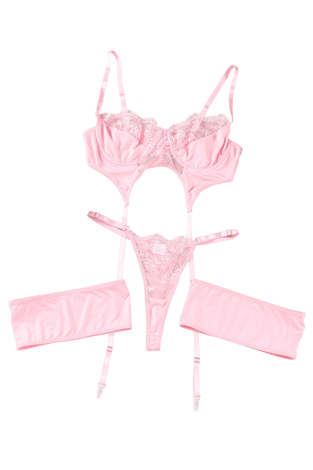 Pink Sheer Lace 3Pcs Garter Belt Lingerie Set - Seldom Seen Styles