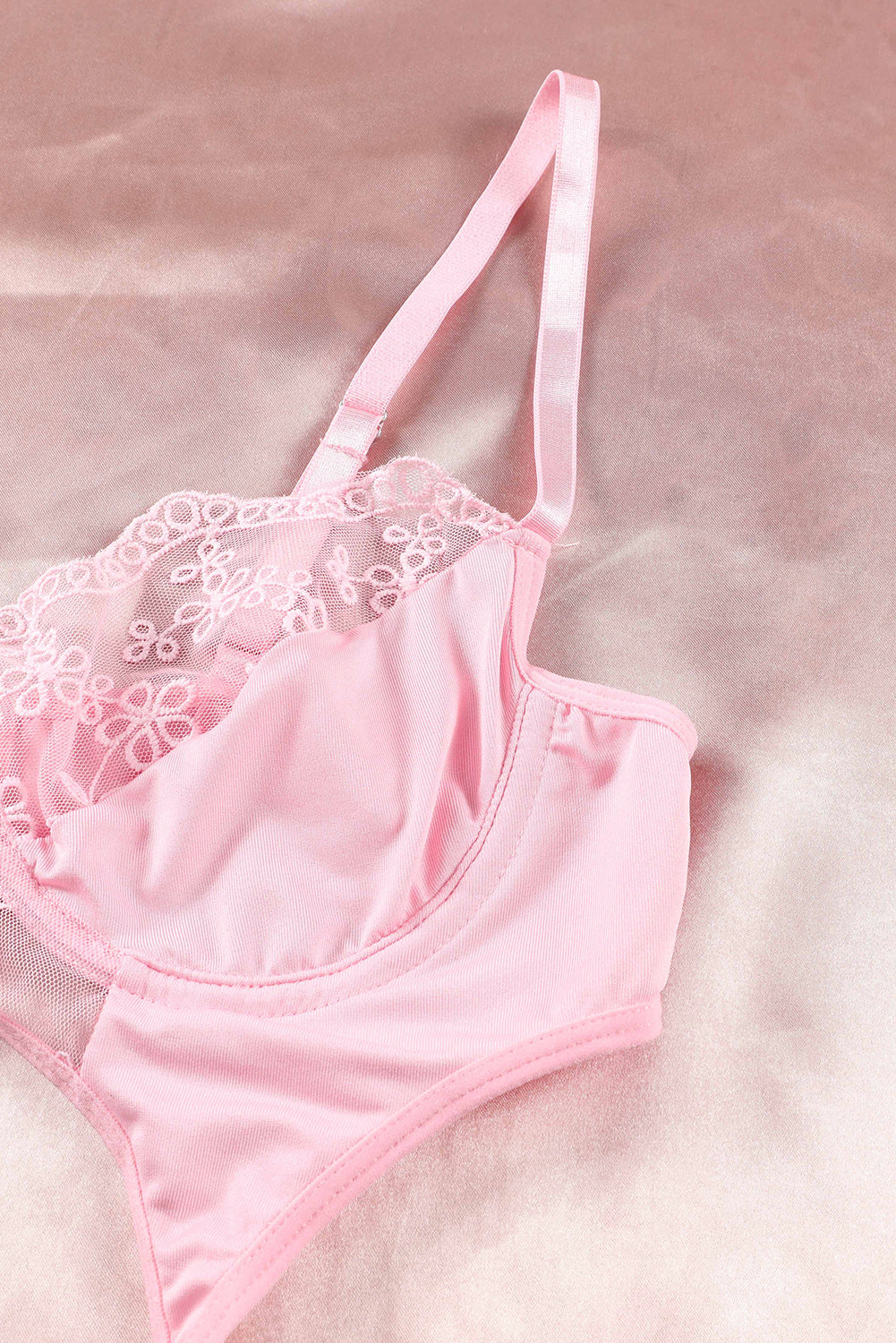 Pink Sheer Lace 3Pcs Garter Belt Lingerie Set - Seldom Seen Styles