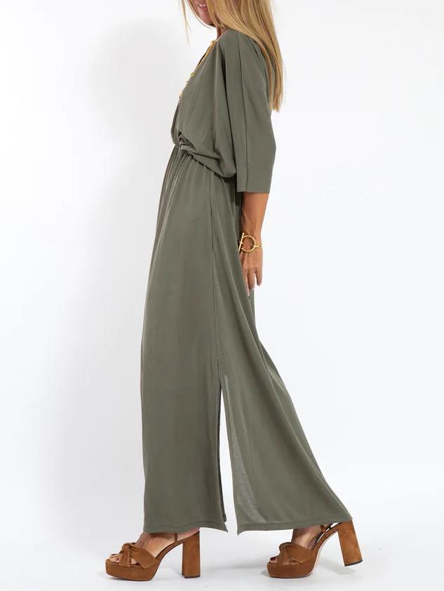 Women's Casual Solid Color V Neck Slit Dress - Seldom Seen Styles