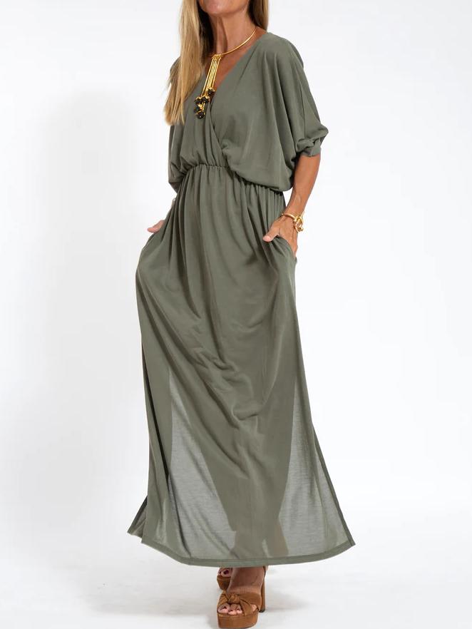 Women's Casual Solid Color V Neck Slit Dress - Seldom Seen Styles