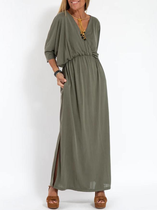 Women's Casual Solid Color V Neck Slit Dress - Seldom Seen Styles