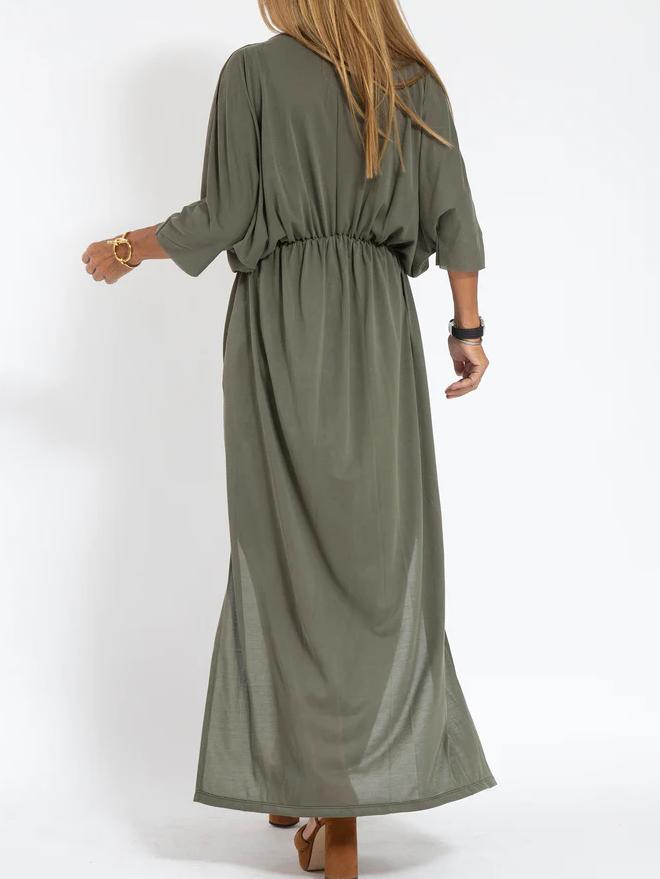 Women's Casual Solid Color V Neck Slit Dress - Seldom Seen Styles