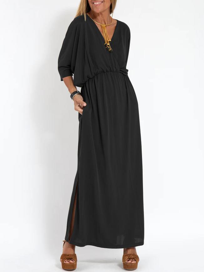 Women's Casual Solid Color V Neck Slit Dress - Seldom Seen Styles