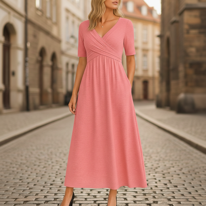 Midi Dress V Neck Wrap Short Sleeve Empire Waist Womens