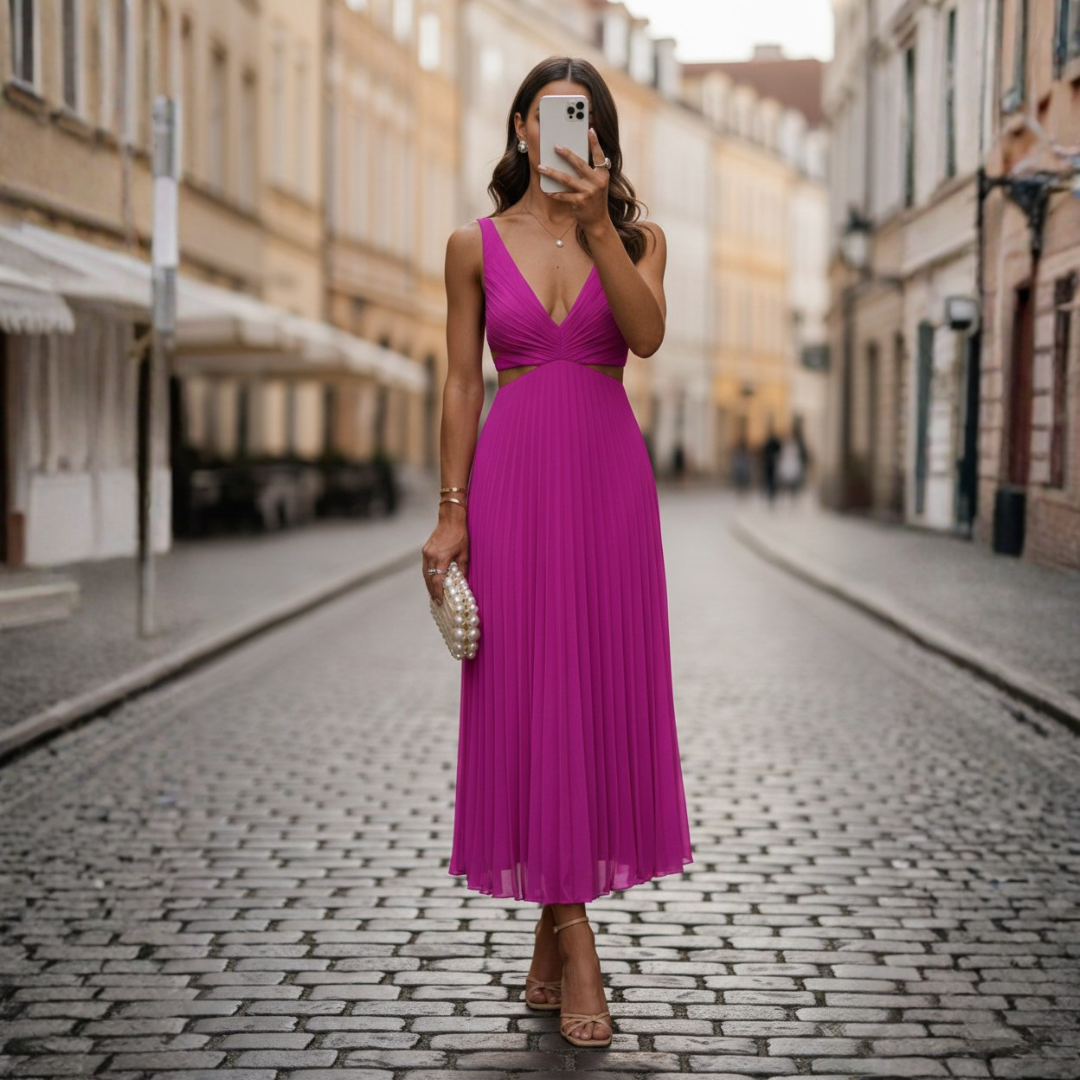 Sleeveless Pleated Midi Dress with V-Neck for Women - Seldom Seen Styles