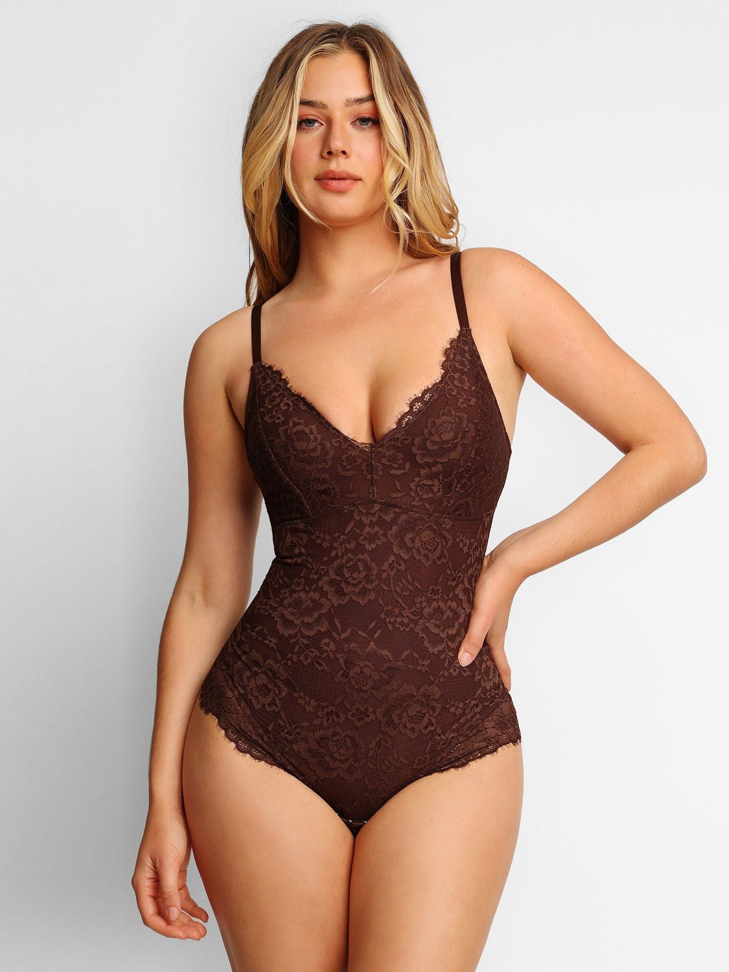 Chocolate brown lace bodysuit by Popilush® for all-day comfort and style.