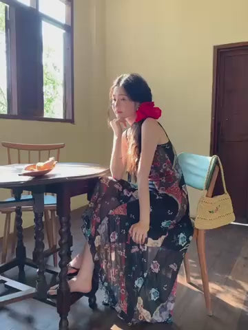 Boho Patchwork Floral Leopard Print Spaghetti Strap Maxi Dress with Matching Neck Scarf Included Ruffle Hem
