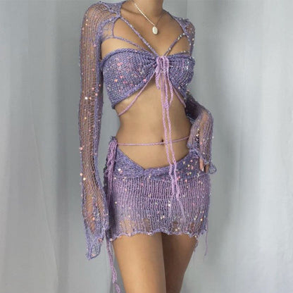 Knitted Sequin Crop Top and Skirt Matching Set