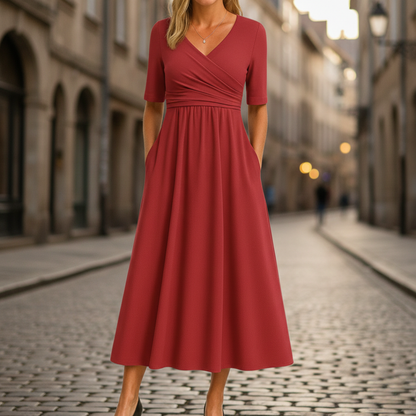 Midi Dress V Neck Wrap Short Sleeve Empire Waist Womens