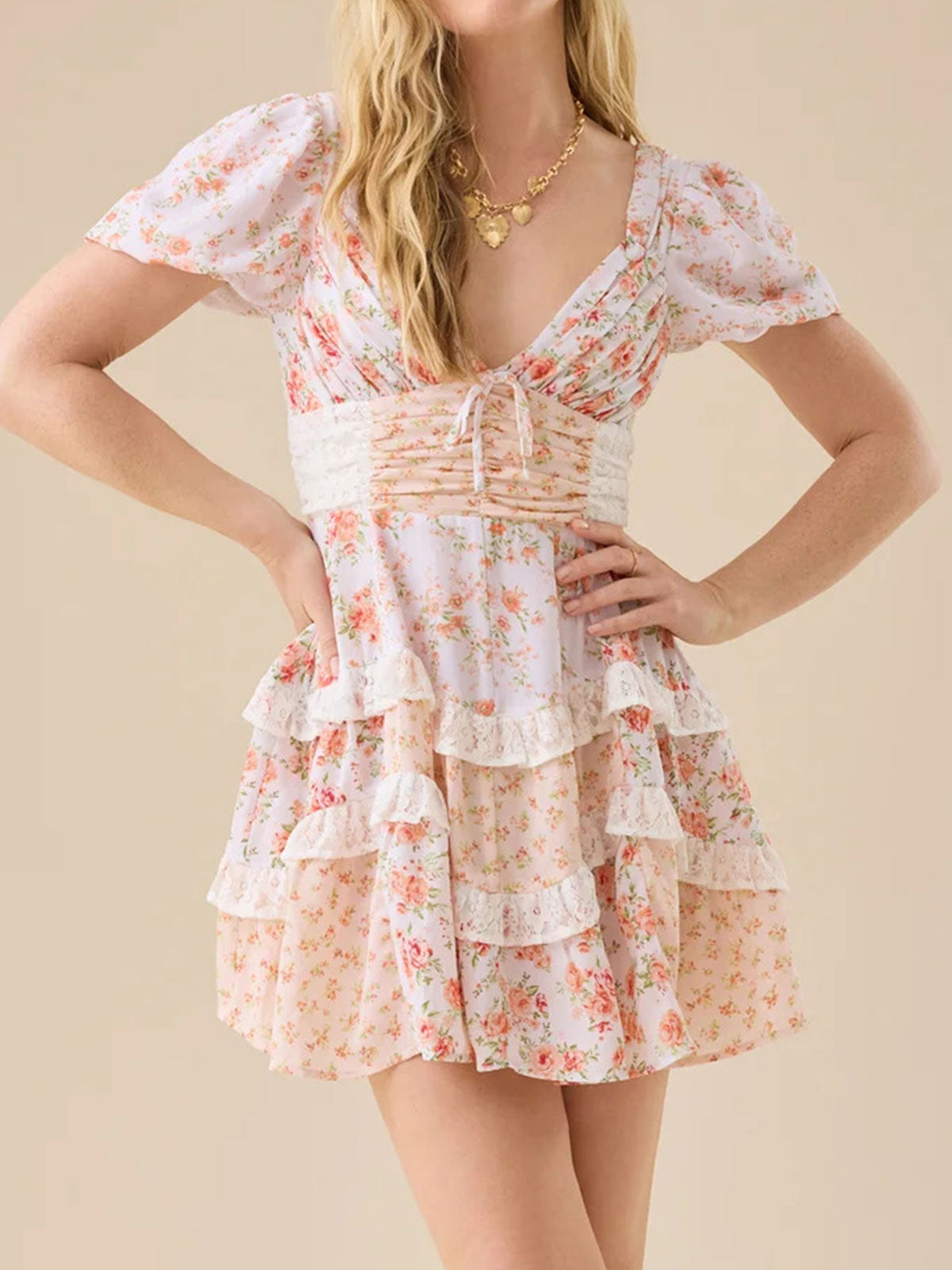 Retro Floral Puff Sleeve Pleated Resort Lace Tiered Ruffle Mini Dress - Seldom Seen Styles