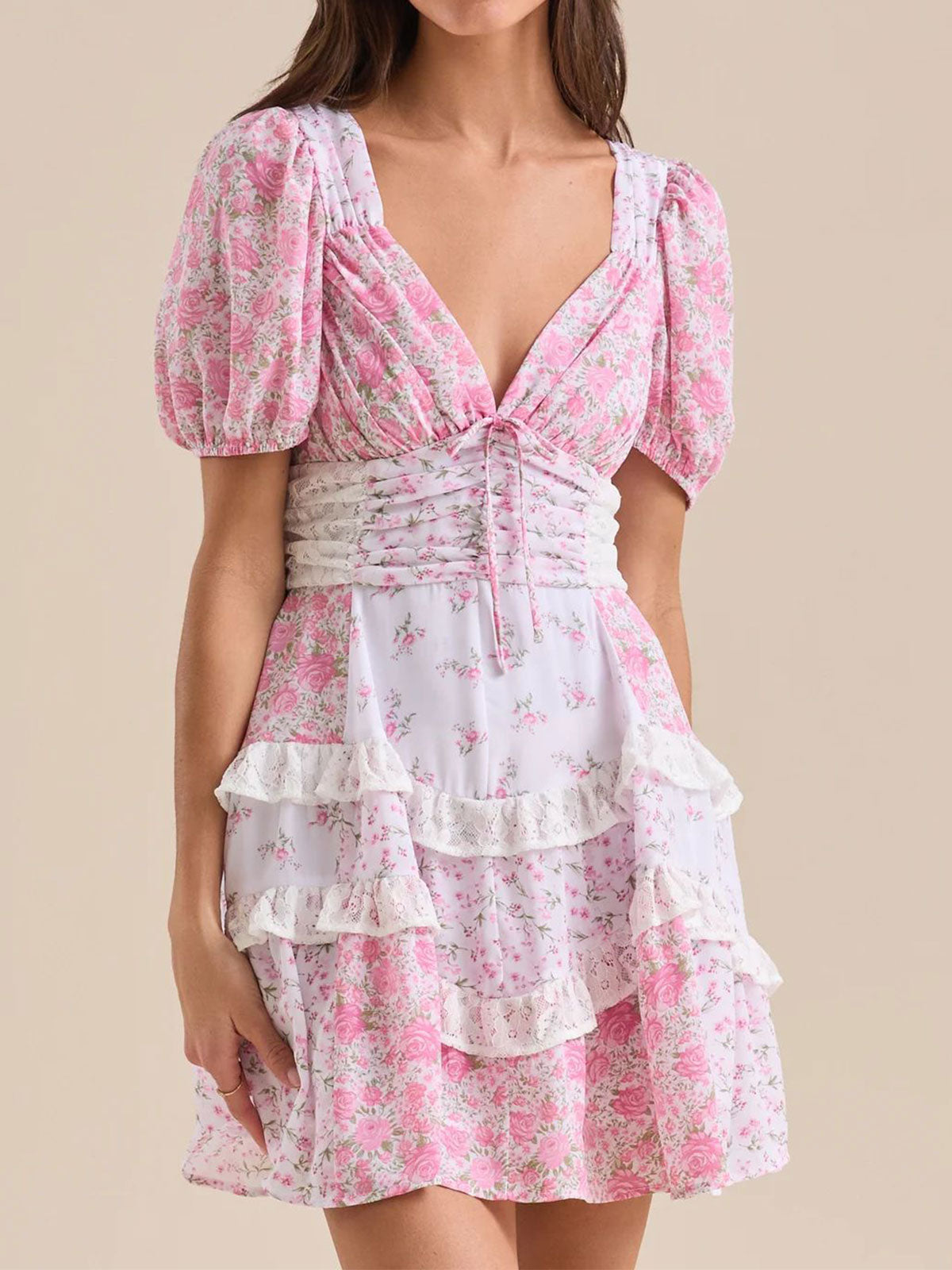 Retro Floral Puff Sleeve Pleated Resort Lace Tiered Ruffle Mini Dress - Seldom Seen Styles