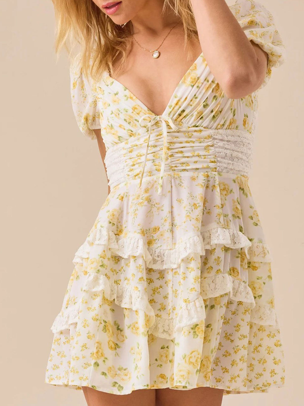 Retro Floral Puff Sleeve Pleated Resort Lace Tiered Ruffle Mini Dress - Seldom Seen Styles