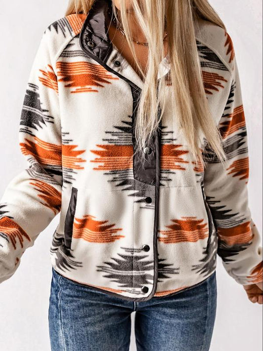 Women's Geometric Print Pocket Button Front Zipper Polar Fleece Spring Jacket, Casual Stand Collar Long Sleeve Coat for Fall & Winter, Women's Clothes for Daily Wear, Jackets & Coats, Fall Outfits, Fall Clothes, Preppy 80s Clothes - Seldom Seen Styles