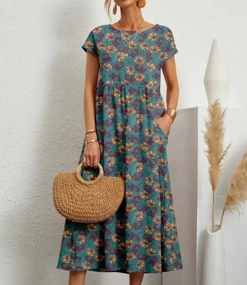 Cotton midi dress floral print with pockets for women - Seldom Seen Styles
