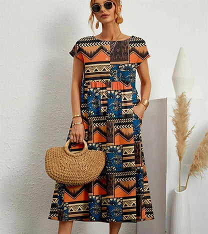 Cotton midi dress floral print with pockets for women