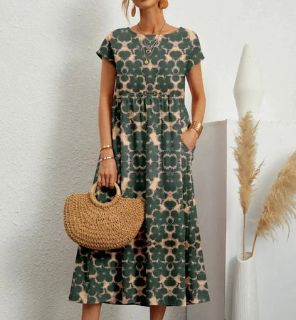Cotton midi dress floral print with pockets for women