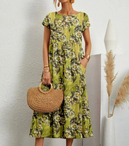Cotton midi dress floral print with pockets for women