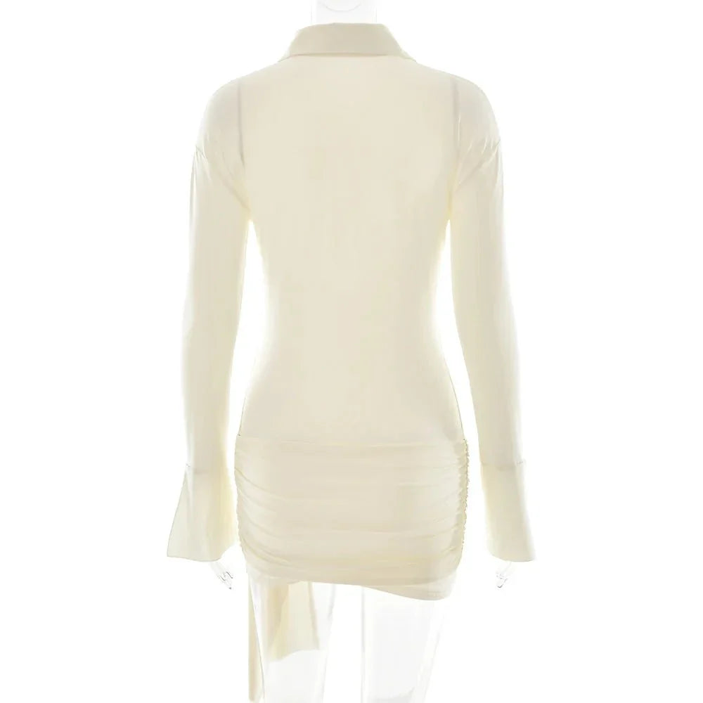Women's Ruched Shirt Mini Dress Long Sleeve Bodycon Button Up Elegant Casual Dress - Seldom Seen Styles