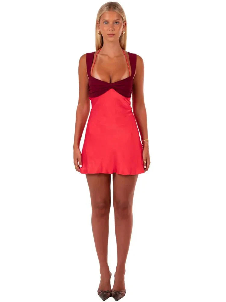 Women's Satin Lace Up Mini Dress Backless Halter Party Dress - Seldom Seen Styles