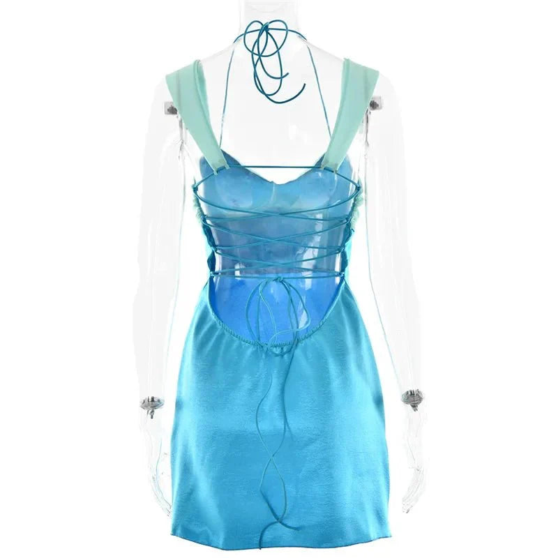 Women's Satin Lace Up Mini Dress Backless Halter Party Dress - Seldom Seen Styles