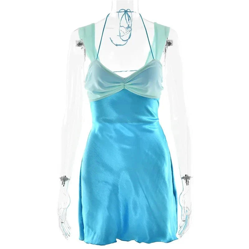 Women's Satin Lace Up Mini Dress Backless Halter Party Dress - Seldom Seen Styles